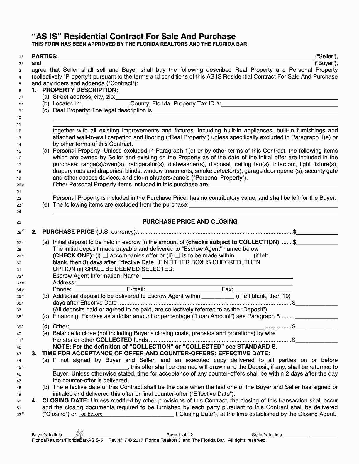A Florida FAR/BAR AS-IS state approved contract auto-filled by SendMLS with the owner, parcel, legal description and offer terms